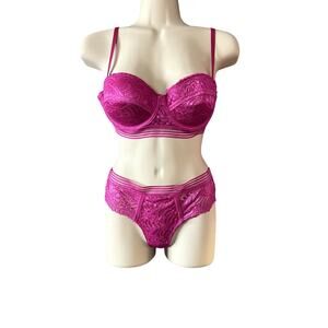 Lace Bra and Panty Set Sexy Lingerie‎ Strappy Accents Hot Pink S